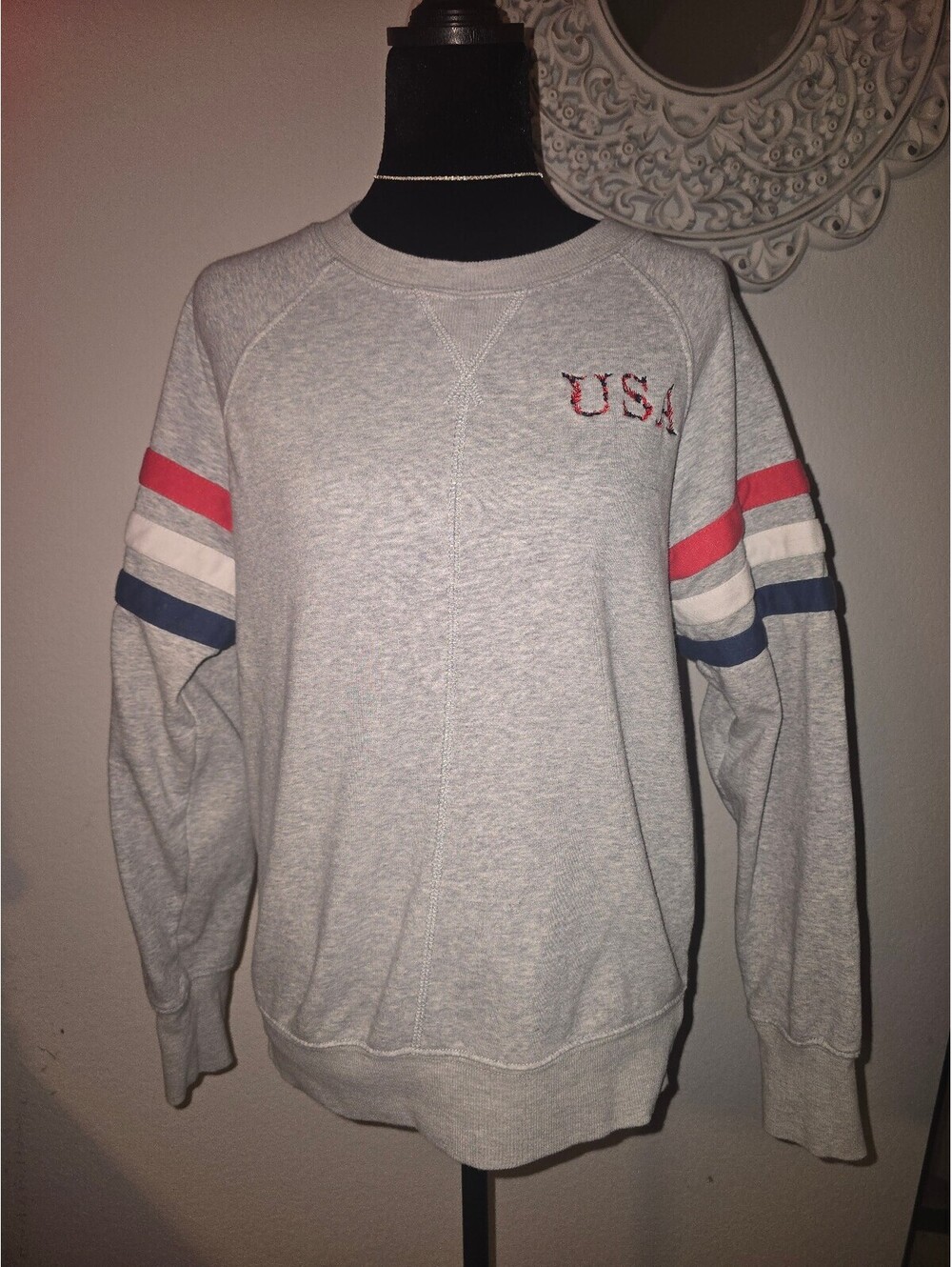 Maurices USA Embroidered Grey Sweatshirt with Red, White, and Blue Stripes - S